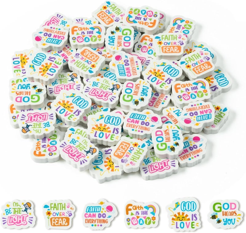 BZaber Christian Inspirational Mini Eraser Valentine's Day Gift 60Pcs Inspirational Faith Over Fear Pencils Erasers Colorful Sun Bee Flowers 3D Desk Puzzle Erasers Pet for Student Birthday Supplies - Image 1